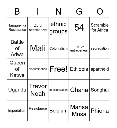 Africa Bingo Card