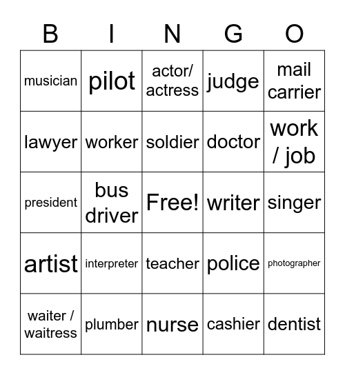 Occupations Bingo Card