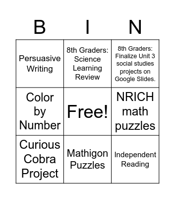MCAS Opt-Out Activities Bingo Card