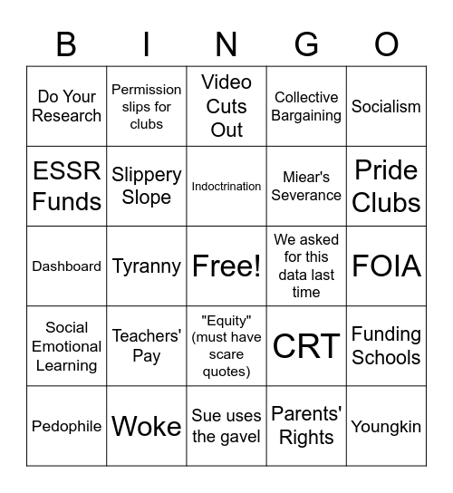 MCPS School Board BINGO Card