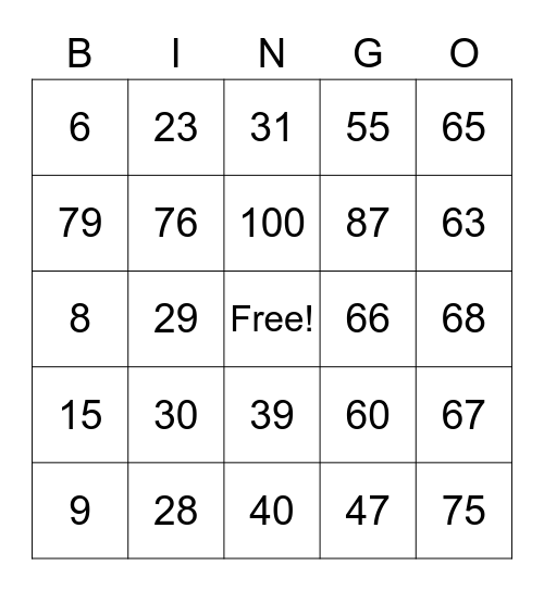 Number Bingo 50-100 Bingo Card