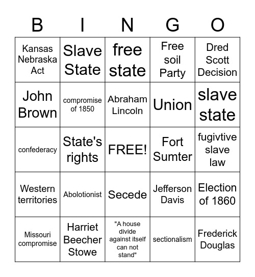 Causes of the Civil War Bingo Card