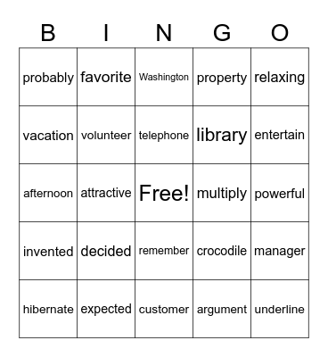 3 syllable 1R Bingo Card