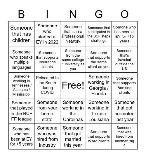 FSO BCF South BINGO Networking Bingo Card