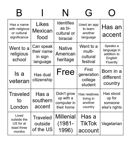 Diversity Bingo Card