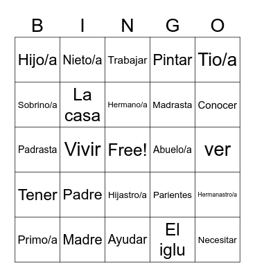 Family Members & Stuff Bingo Card