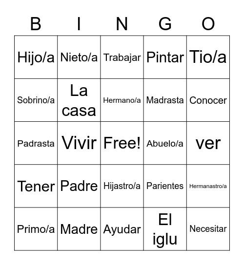 Family Members & Stuff Bingo Card
