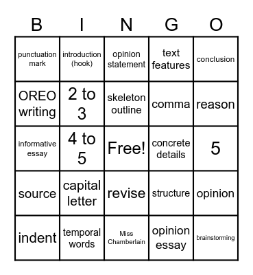 Writing Review Bingo Card