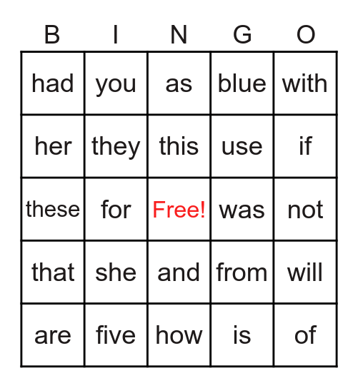 Sight Word Bingo Card