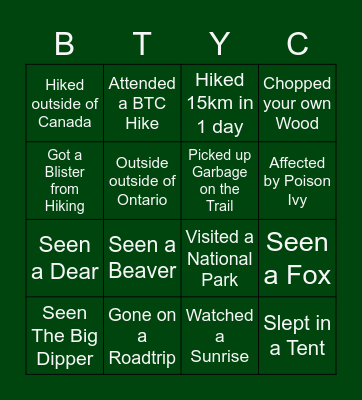 Bruce Trail Youth Council BINGO Card