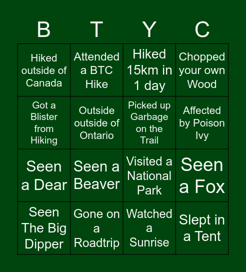 Bruce Trail Youth Council BINGO Card