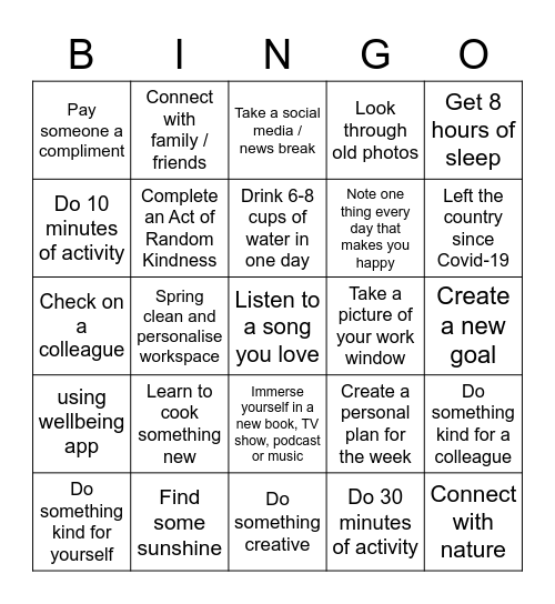 Wellbeing Bingo Card