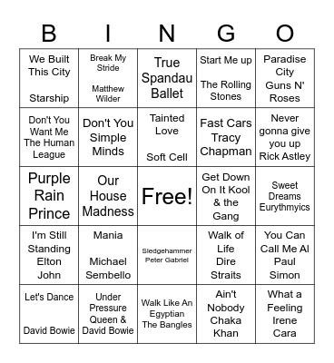 80's Music Bingo Card