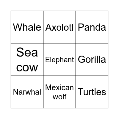 Animal Bingo Card