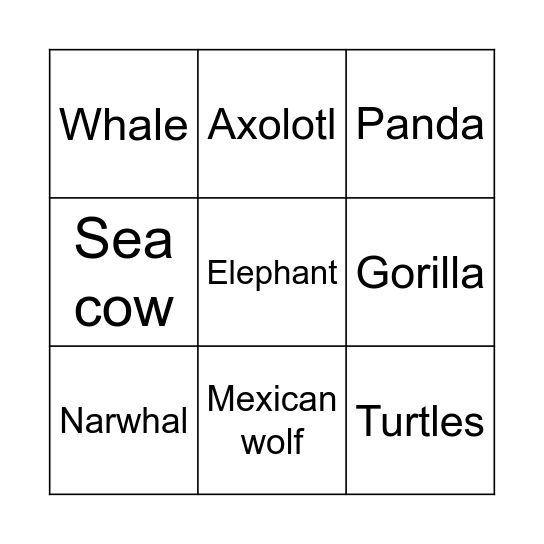 Animal Bingo Card