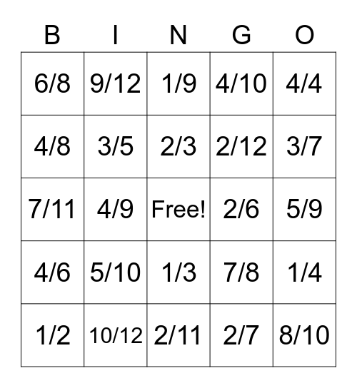 Fraction Bingo Card