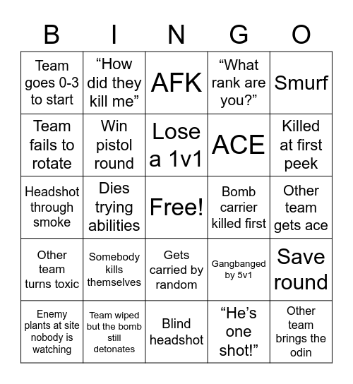 Valorant Drinking Bingo Card