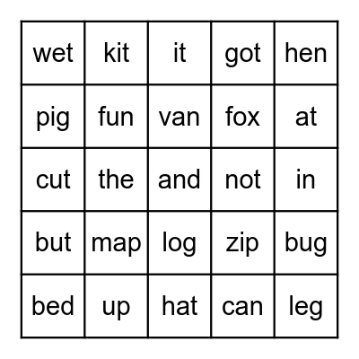CVC words Bingo Card