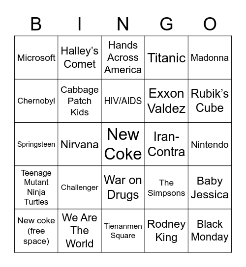 Gump 80s/90s Bingo Card