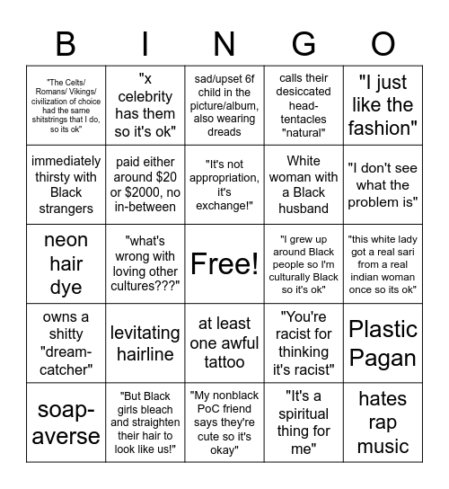 Whites with Dreads Bingo Card
