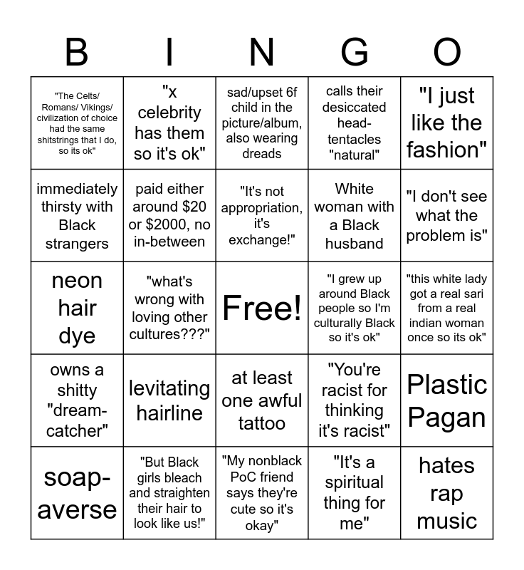 Whites with Dreads Bingo Card