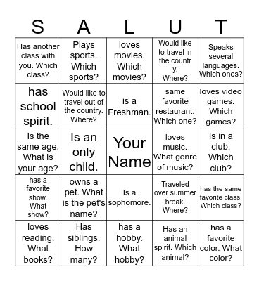 Greet in French, Ask and answer in English Bingo Card