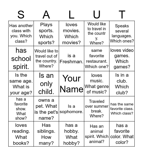 Greet in French, Ask and answer in English Bingo Card