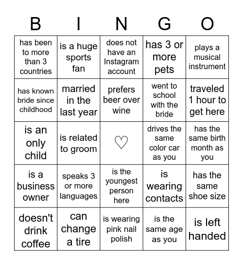 ♡ Find the Guest Bingo ♡ Bingo Card