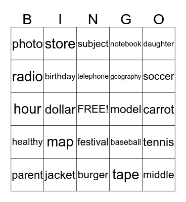 Junior 1 Bingo Card