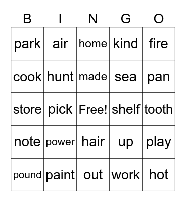 Compound Word Bingo Card