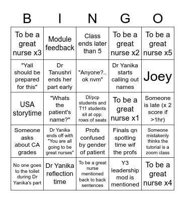 The last OG Tut11 class tgt Bingo Card