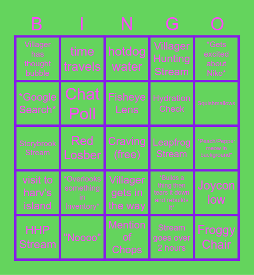 Froggycrossing Live Stream Bingo Card