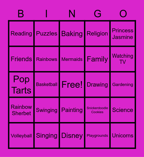 Courtney's Favorite Things Bingo Card