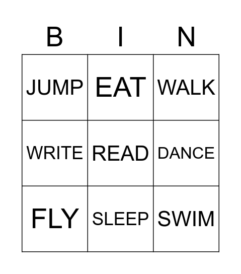 Action Verbs Bingo Card