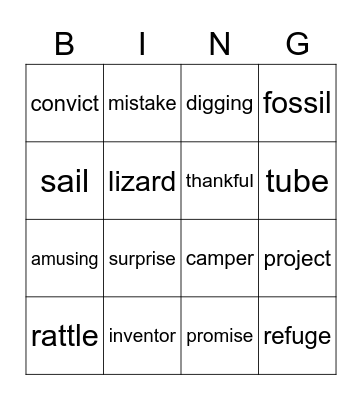 Holes vocabulary Bingo Card