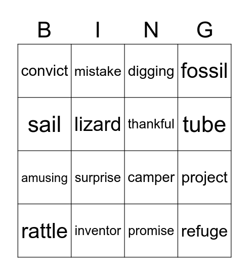 Holes vocabulary Bingo Card