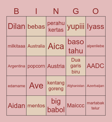 Prunella’s BINGO Card