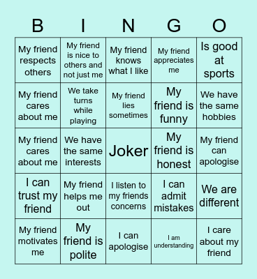 Friendship Bingo Card