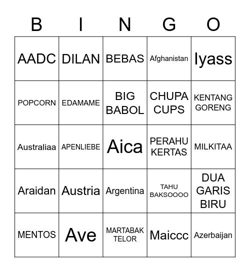 Prunella’s Bingo Card