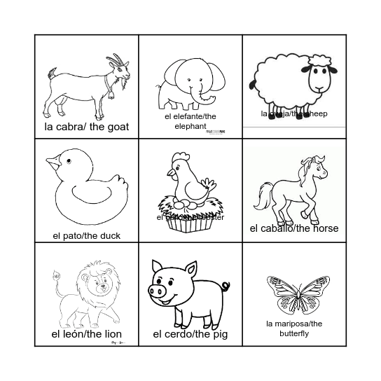 Los Animales/ The Animals Bingo Card