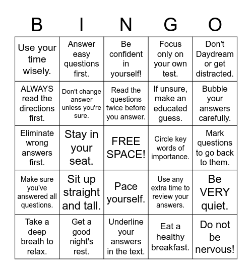 Test-Taking Strategies BINGO! Bingo Card
