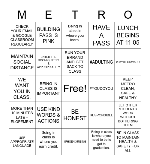METRO Bingo Card
