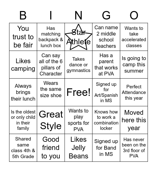 Off to Middle School Bingo Card