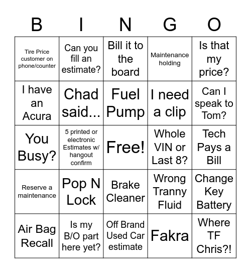 In - Off Brand Used Car estimate / Out - I need a bolt Bingo Card