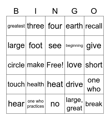 Vocabulary Review Bingo Card