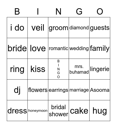 Asooma's Bridal Shower Bingo Game Bingo Card