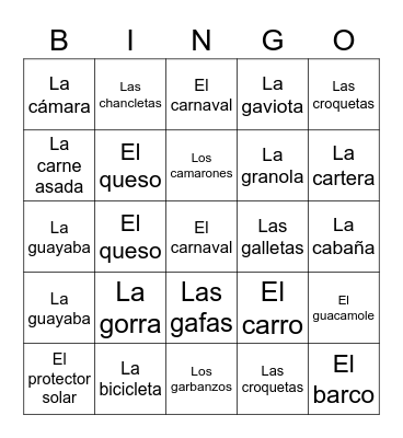 Vacaciones - Comidas, Actividades, Objetos Bingo Card