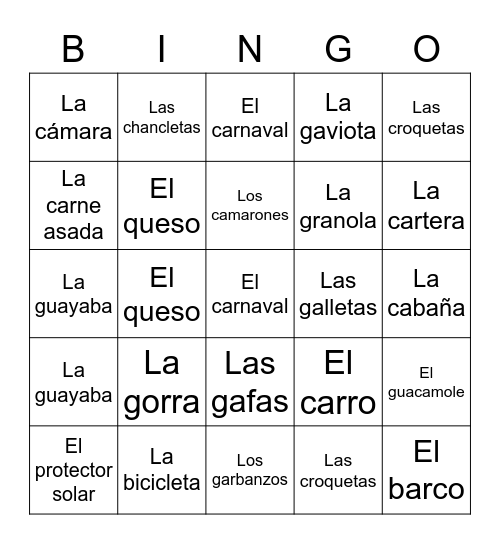 Vacaciones - Comidas, Actividades, Objetos Bingo Card