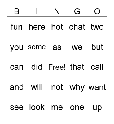 Sight Word Bingo Card