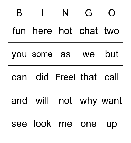 Sight Word Bingo Card